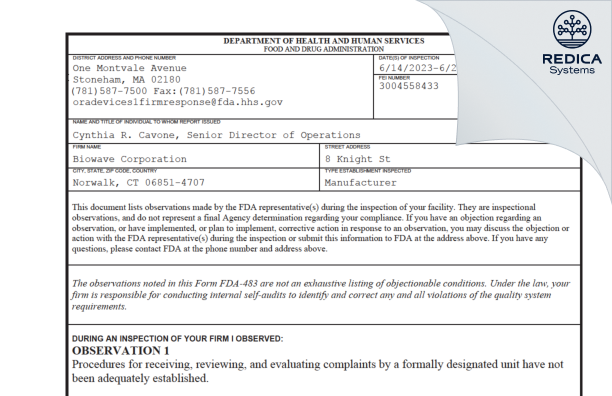 FDA 483 - Biowave Corporation [Norwalk / United States of America] - Download PDF - Redica Systems
