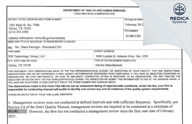 FDA 483 - RSI Technology Group, LLC [Dallas / United States of America] - Download PDF - Redica Systems