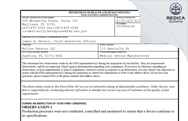 FDA 483 - Nuline Sensors LLC [Sanford / United States of America] - Download PDF - Redica Systems