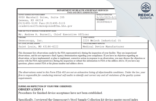 FDA 483 - Geneoscopy, Inc. [Saint Louis / United States of America] - Download PDF - Redica Systems