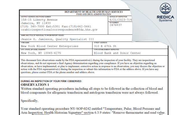 FDA 483 - New York Blood Center Enterprises [New York / United States of America] - Download PDF - Redica Systems