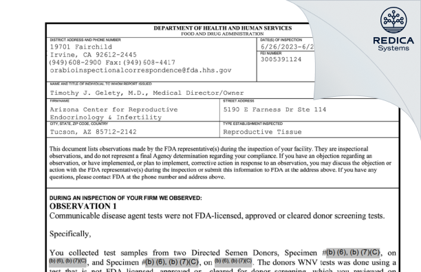 FDA 483 - Arizona Center for Reproductive Endocrinology & Infertility [Tucson / United States of America] - Download PDF - Redica Systems