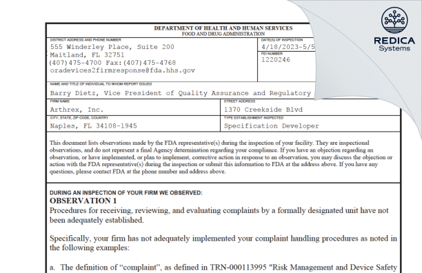 FDA 483 - Arthrex, Inc. [Naples / United States of America] - Download PDF - Redica Systems