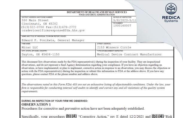 FDA 483 - Mirac LLC [Dayton / United States of America] - Download PDF - Redica Systems