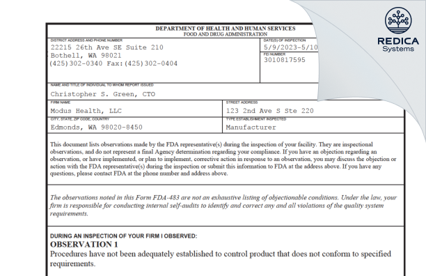 FDA 483 - Modus Health, LLC [Edmonds / United States of America] - Download PDF - Redica Systems