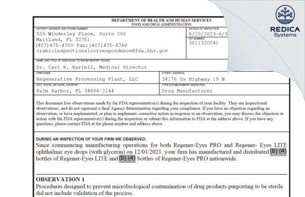FDA 483 - Regenerative Processing Plant, LLC [Florida / United States of America] - Download PDF - Redica Systems