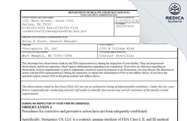 FDA 483 - Sterigenics US, LLC [West Memphis / United States of America] - Download PDF - Redica Systems