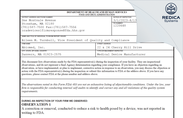 FDA 483 - Abiomed, Inc. [Danvers / United States of America] - Download PDF - Redica Systems