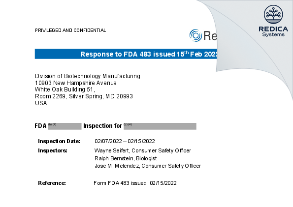 FDA 483 Response - Rentschler Biopharma SE [Laupheim / Germany] - Download PDF - Redica Systems