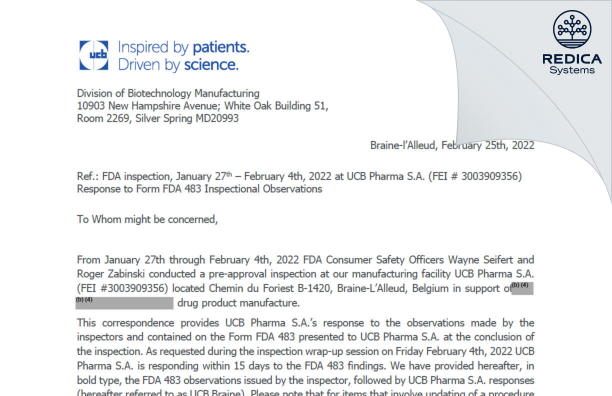 FDA 483 Response - UCB Pharma S.A. [Braine-L'alleud / Belgium] - Download PDF - Redica Systems