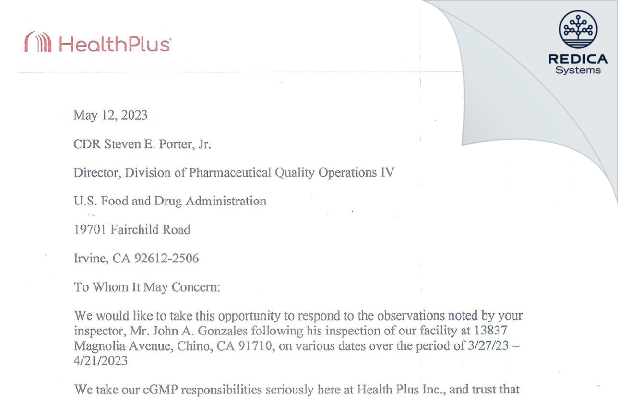 FDA 483 Response - Health Plus Inc. [Chino California / United States of America] - Download PDF - Redica Systems