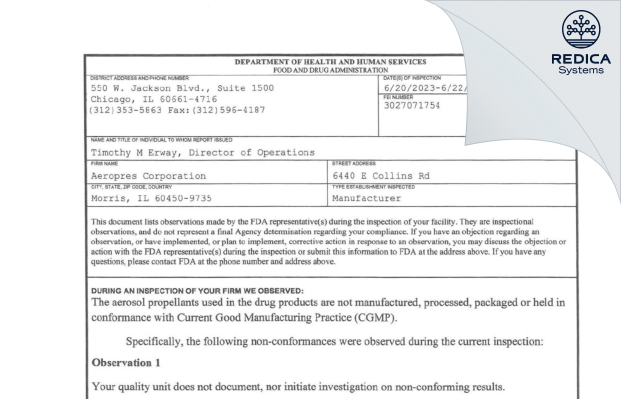 FDA 483 - Aeropres Corporation [Morris / United States of America] - Download PDF - Redica Systems