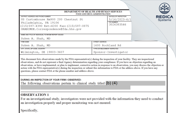FDA 483 - Suken A. Shah, MD [Wilmington / United States of America] - Download PDF - Redica Systems