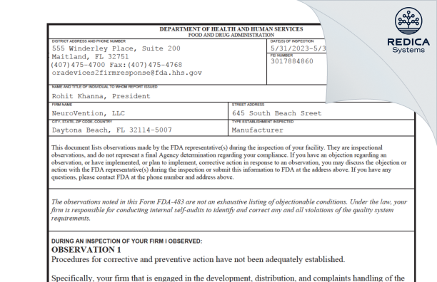FDA 483 - NeuroVention, LLC [Daytona Beach / United States of America] - Download PDF - Redica Systems