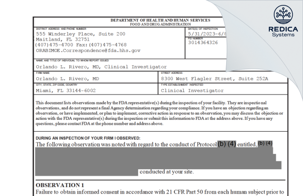 FDA 483 - Orlando L. Rivero, MD [Miami / United States of America] - Download PDF - Redica Systems