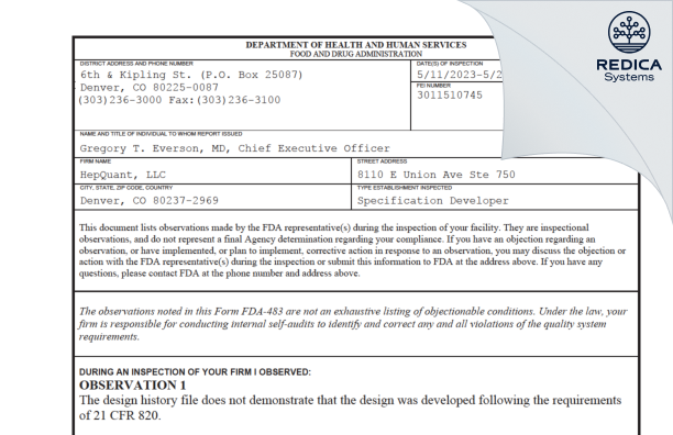FDA 483 - HepQuant, LLC [Denver / United States of America] - Download PDF - Redica Systems