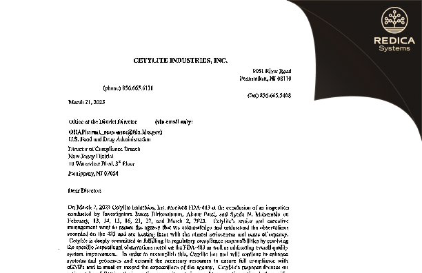 FDA 483 Response - Cetylite Industries, Inc. [Jersey / United States of America] - Download PDF - Redica Systems