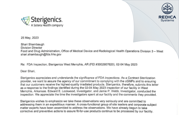 FDA 483 Response - Sterigenics US, LLC [West Memphis / United States of America] - Download PDF - Redica Systems