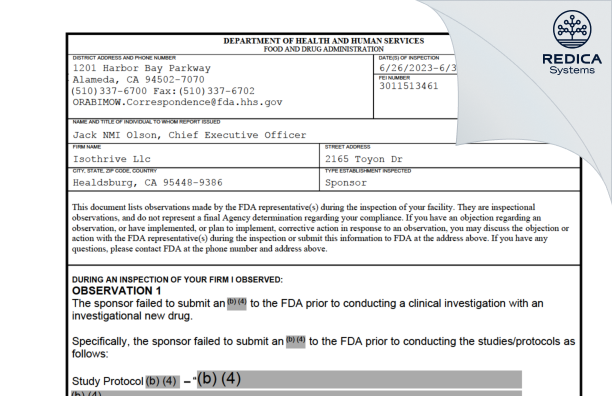 FDA 483 - ISOThrive, Inc. [Healdsburg / United States of America] - Download PDF - Redica Systems