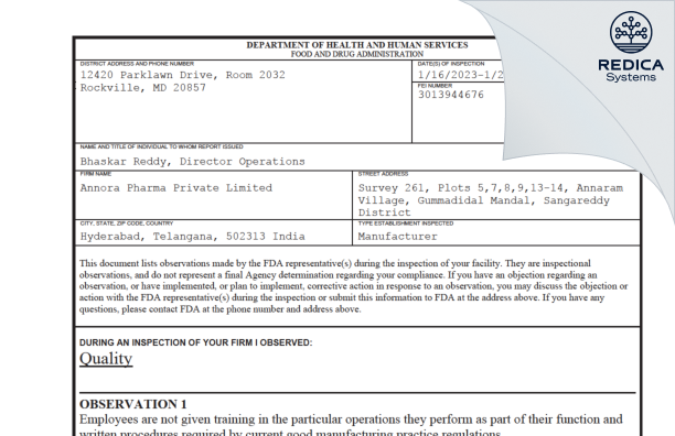 FDA 483 - Annora Pharma Private Limited [India / India] - Download PDF - Redica Systems