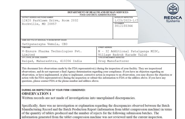 FDA 483 - V-Ensure Pharma Technologies Pvt Limited [India / India] - Download PDF - Redica Systems