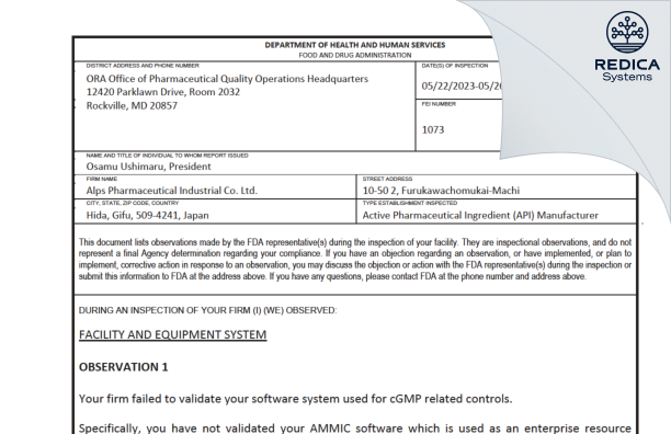 FDA 483 - Alps Pharmaceutical Ind. Co., Ltd. [Hida-Shi / Japan] - Download PDF - Redica Systems
