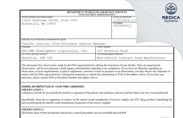 FDA 483 - KDC/ONE Development Corporation, Inc [Knowlton / Canada] - Download PDF - Redica Systems