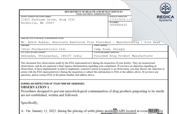 FDA 483 - Intas Pharmaceuticals Limited [India / India] - Download PDF - Redica Systems