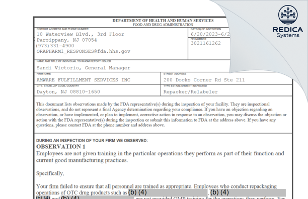 FDA 483 - Amware Fulfillment [Dayton / United States of America] - Download PDF - Redica Systems