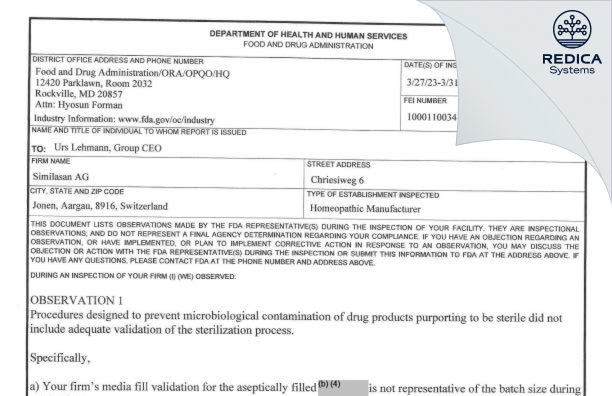 FDA 483 - Similasan AG [Jonen / Switzerland] - Download PDF - Redica Systems