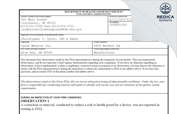 FDA 483 - Tytek Medical Inc [West Chester / United States of America] - Download PDF - Redica Systems