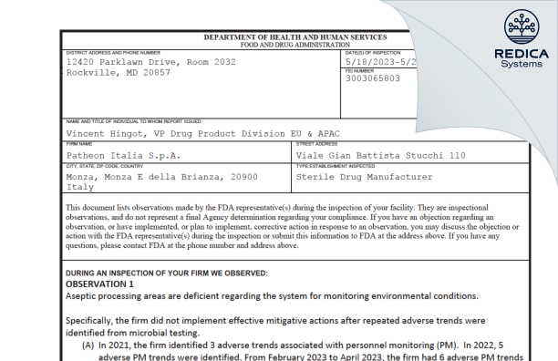 FDA 483 - Patheon Italia S.p.A. [Italy / Italy] - Download PDF - Redica Systems