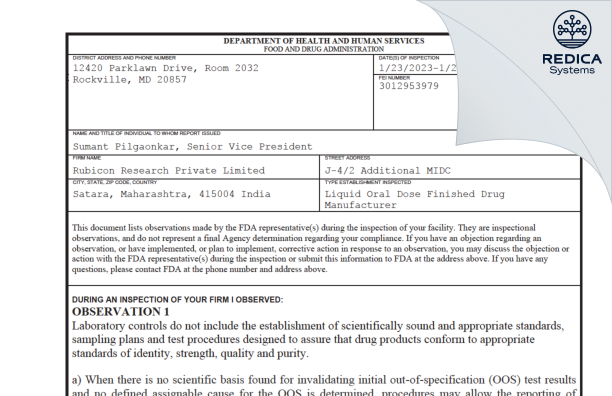 FDA 483 - Rubicon Research Private Limited [Satara / India] - Download PDF - Redica Systems