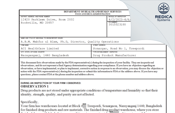 FDA 483 - ACI HealthCare Limited [Sonargaon Narayanganj / Bangladesh] - Download PDF - Redica Systems