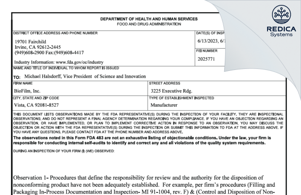 FDA 483 - Biofilm, Inc. [Vista / United States of America] - Download PDF - Redica Systems