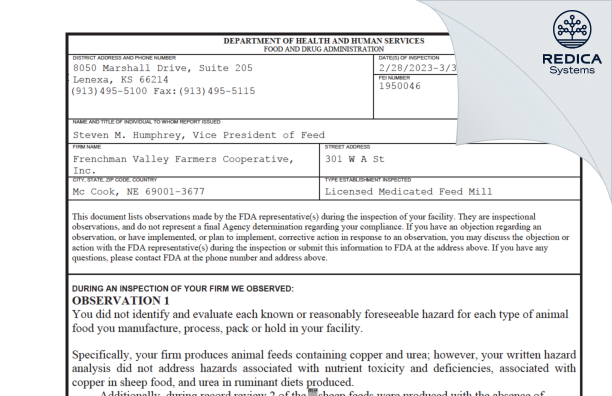 FDA 483 - Frenchman Valley Farmers Cooperative [Mccook Nebraska / United States of America] - Download PDF - Redica Systems