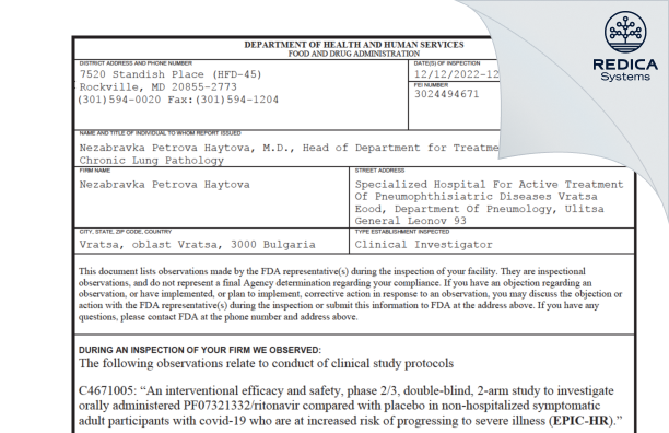 FDA 483 - Nezabravka Petrova Haytova [Vratsa / Bulgaria] - Download PDF - Redica Systems
