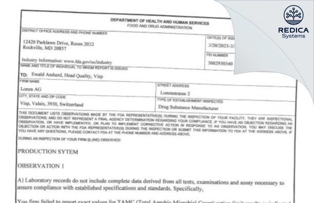 FDA 483 - Lonza AG [Visp / Switzerland] - Download PDF - Redica Systems