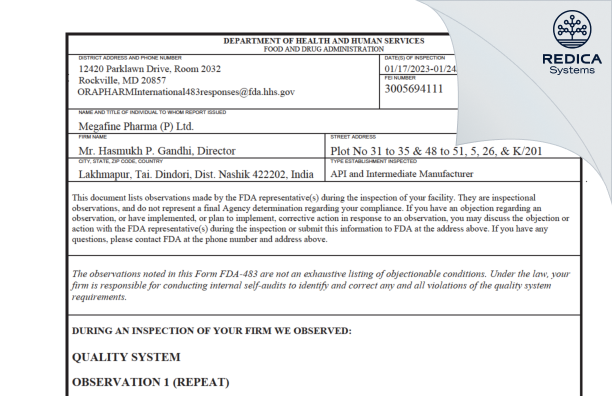 FDA 483 - Megafine Pharma (P) Limited [India / India] - Download PDF - Redica Systems