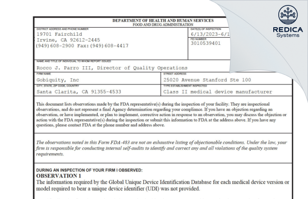 FDA 483 - Gobiquity, Inc [Santa Clarita / United States of America] - Download PDF - Redica Systems