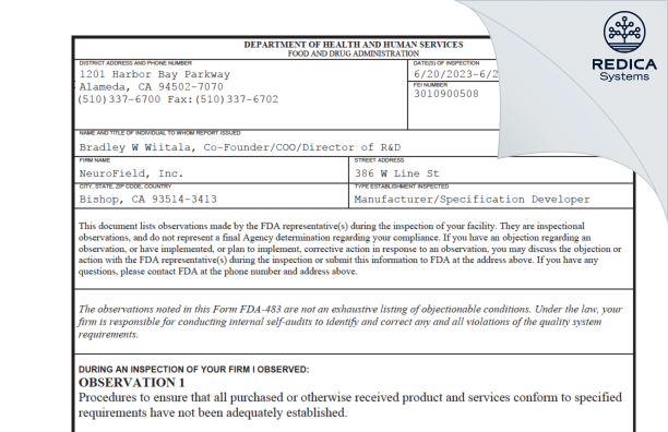 FDA 483 - NeuroField, Inc. [Bishop / United States of America] - Download PDF - Redica Systems