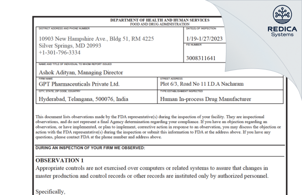 FDA 483 - GPT Pharmaceuticals Private Limited [India / India] - Download PDF - Redica Systems