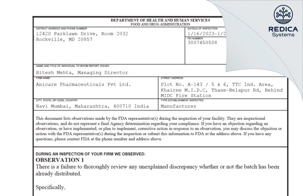 FDA 483 - Anicare Pharmaceuticals Pvt. Ltd. [India / India] - Download PDF - Redica Systems
