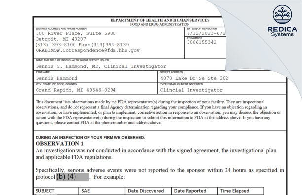 FDA 483 - Dennis Hammond [Grand Rapids / United States of America] - Download PDF - Redica Systems
