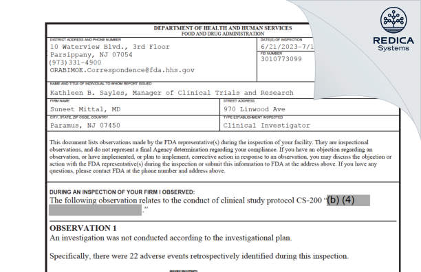 FDA 483 - Suneet Mittal, MD [Paramus / United States of America] - Download PDF - Redica Systems