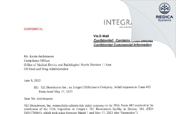 FDA 483 Response - TEI Biosciences, Inc. [Boston / United States of America] - Download PDF - Redica Systems