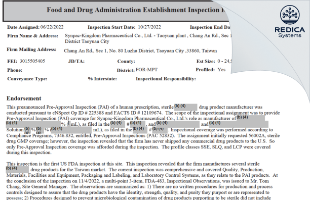 EIR - Bora Pharmaceuticals Ophthalmic Inc. Taoyuan plant [Taoyuan / Taiwan] - Download PDF - Redica Systems