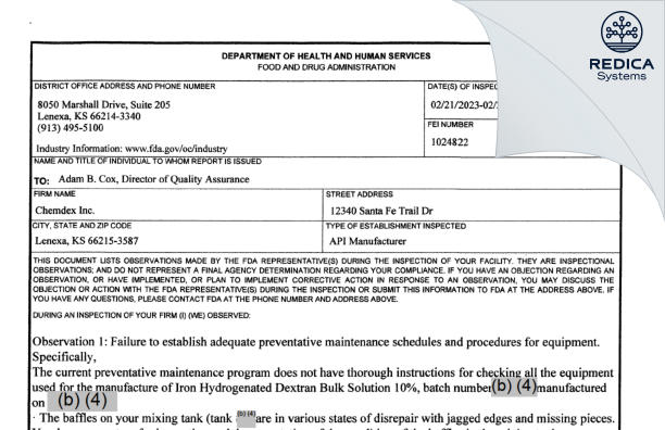 FDA 483 - Chemdex, Inc [Lenexa / United States of America] - Download PDF - Redica Systems