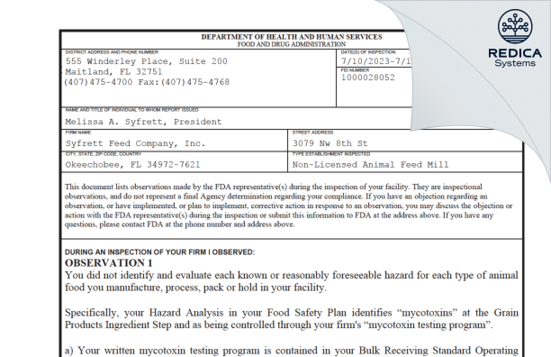 FDA 483 - Syfrett Feed Company, Inc. [Okeechobee / United States of America] - Download PDF - Redica Systems