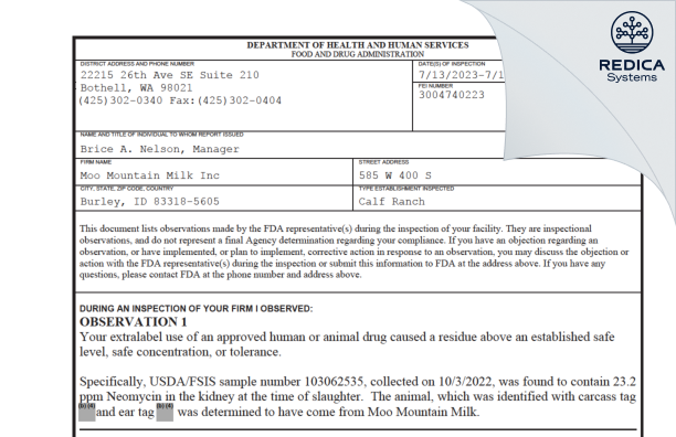 FDA 483 - Moo Mountain Milk Inc [Burley / United States of America] - Download PDF - Redica Systems